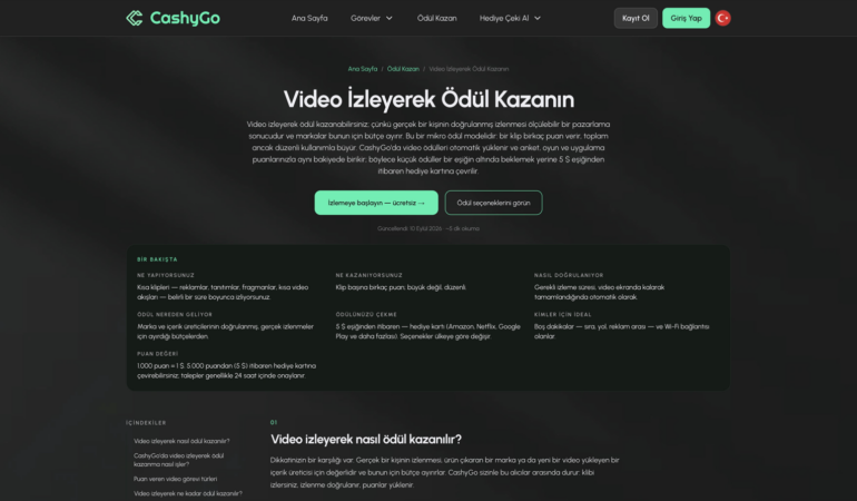 CashyGo video görevleri sayfası ekran görüntüsü